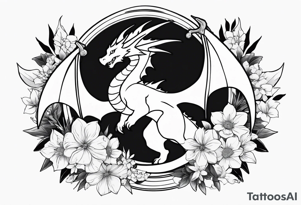 Makes an image that MIXES with lightsabers, charizard, nezuko kamado, or a ring, wands, dragons, WITH FLOWERS tattoo idea