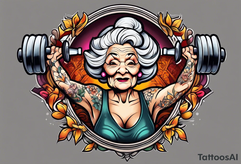 Strong old woman lifting dumbells tattoo idea