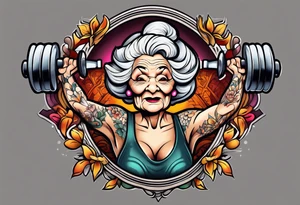 Strong old woman lifting dumbells tattoo idea