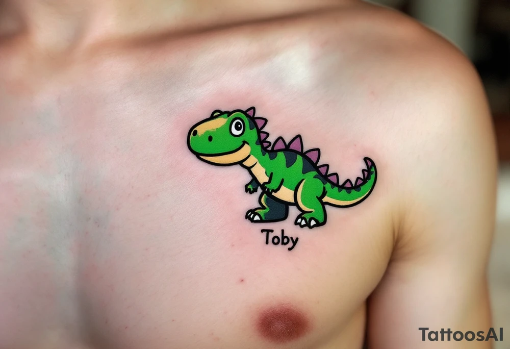 A tiny dinosaur in green and grey, with the son’s nickname Toby written in playful bold font beneath. tattoo idea