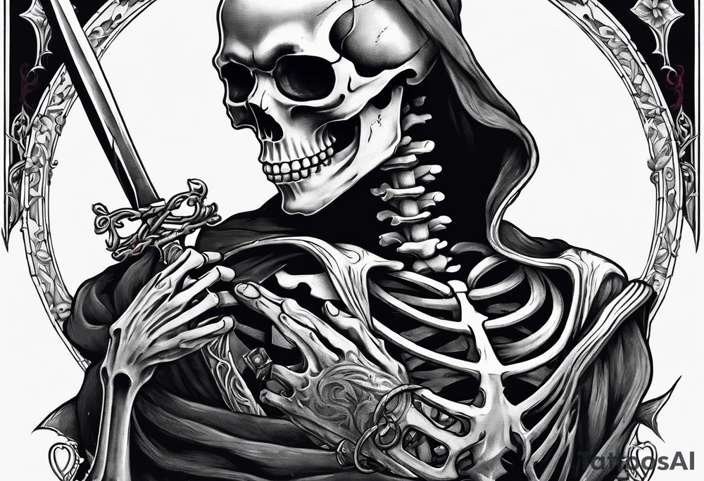 depressed skeleton holding his heart in his hand with a knife through the heart tattoo idea