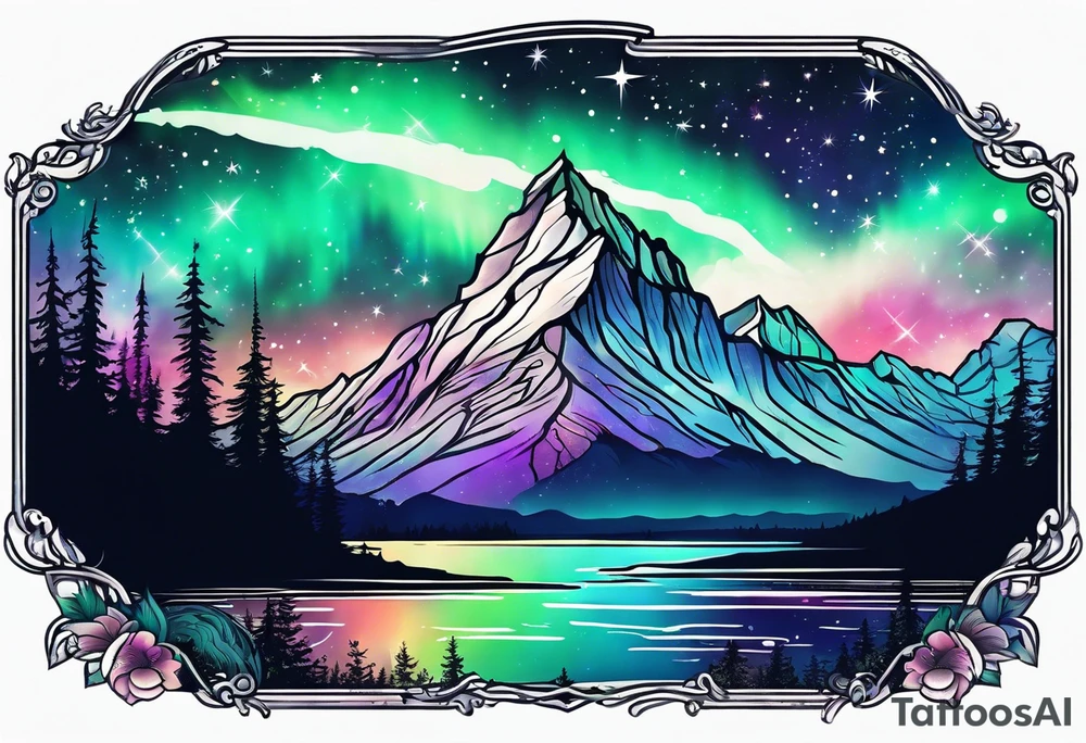 Aurora borealis with mountain and stars tattoo idea