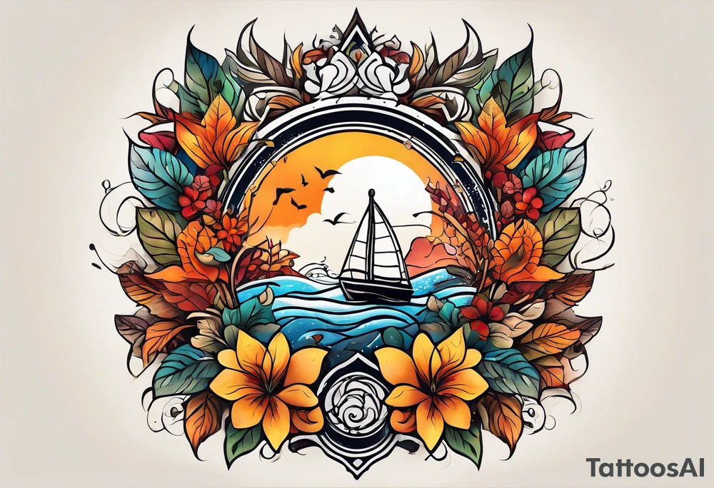 arm sleeve with fall colors, flowers, water, leaves and various shapes tattoo idea