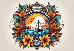 arm sleeve with fall colors, flowers, water, leaves and various shapes tattoo idea