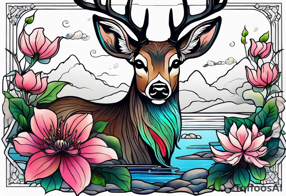 Memorial tattoo 
July 6th 2024 with a deer and a pond with dogwood flowers tattoo idea