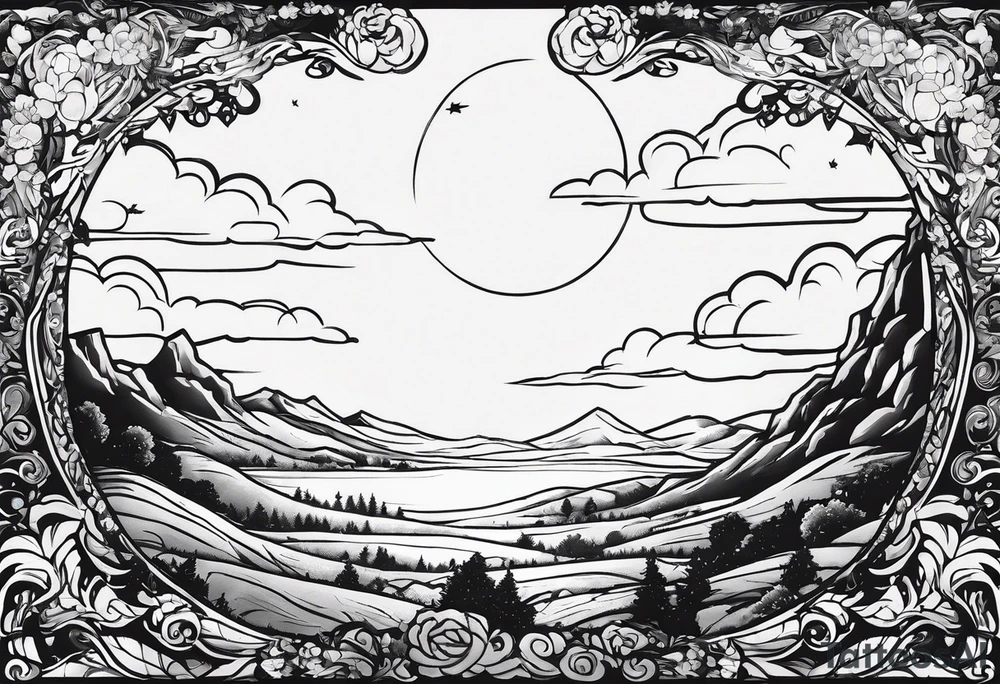 I want a arm sleeve where the sky is the background like the Calvin and Hobbes picture of them looking up at the sky tattoo idea