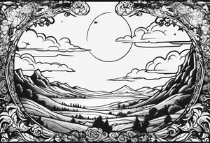 I want a arm sleeve where the sky is the background like the Calvin and Hobbes picture of them looking up at the sky tattoo idea