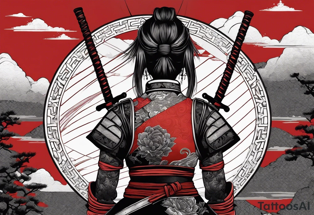 3 female samurais in body armor wielding dual swords, you can only see their backs, in front of a red incomplete enso circle tattoo idea