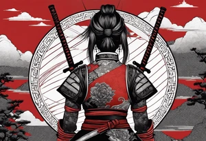 3 female samurais in body armor wielding dual swords, you can only see their backs, in front of a red incomplete enso circle tattoo idea