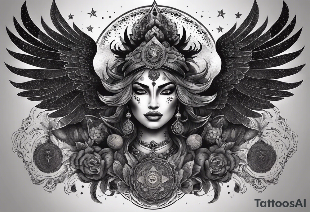 black kali, goddess pirate, alien, angel, pachamama, valkrye, warrior, flying, skull, lotus azul, wing, eagle, zenza resonance, stars, 5D, anahata chakra, death, durga, riding on a tiger, flying lady, kundalini, chest tatoo, samuri, rebel,serpent tattoo idea