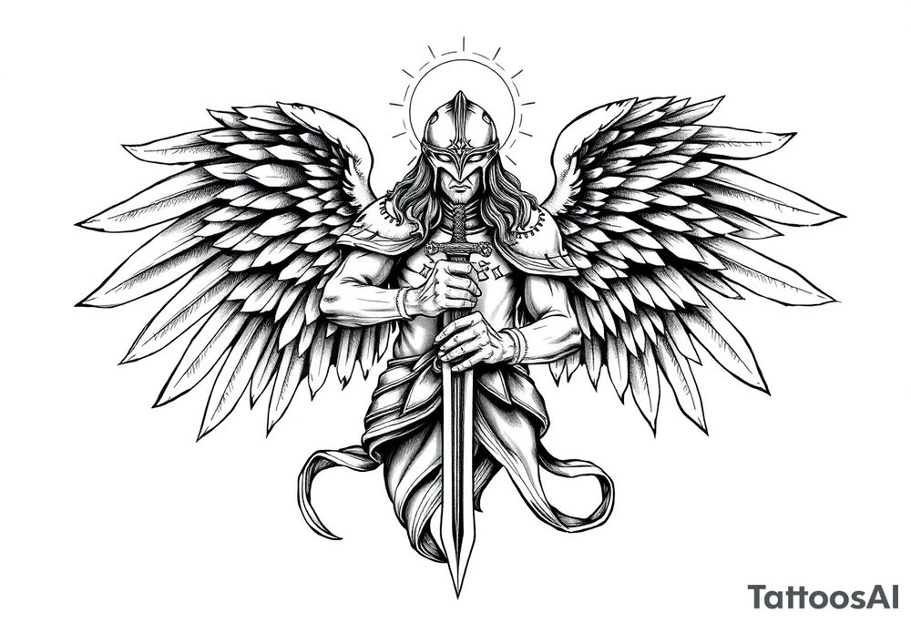 Holy Archangel, Biblical, Christianity, Hebrew, Guards of Christianity, Holding a sword, has six wings, wearing helmet, halo, seraphim, seek justice, walk only with God tattoo idea