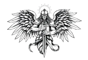 Holy Archangel, Biblical, Christianity, Hebrew, Guards of Christianity, Holding a sword, has six wings, wearing helmet, halo, seraphim, seek justice, walk only with God tattoo idea