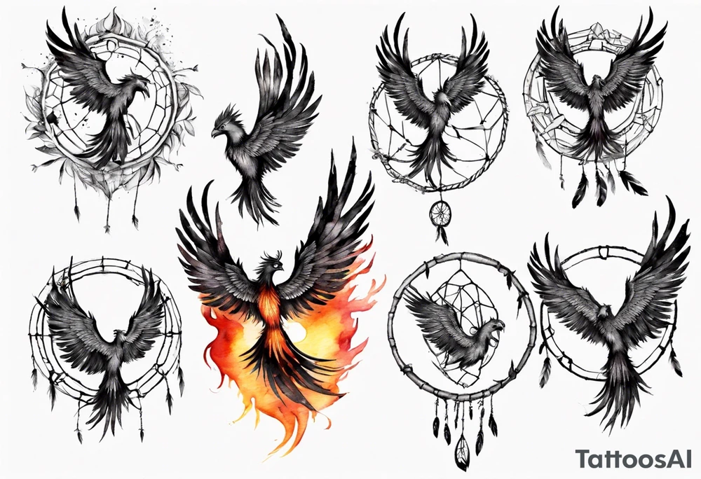Fire Phoenix flying out of dream catcher tattoo idea