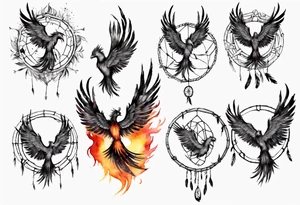 Fire Phoenix flying out of dream catcher tattoo idea