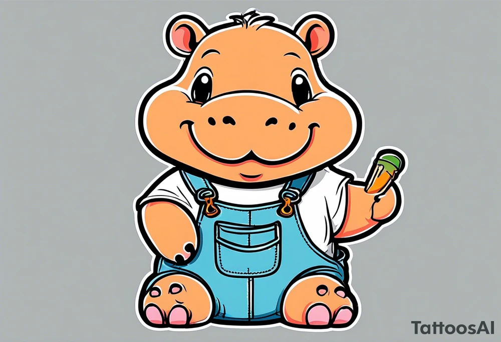Baby hippo wearing a overalls and holding up his middle finger tattoo idea