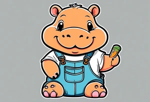 Baby hippo wearing a overalls and holding up his middle finger tattoo idea