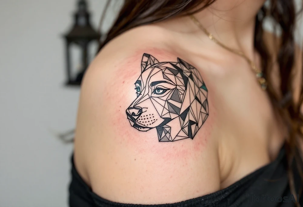 Geometric Stafford – A stylized Stafford head formed with black fine-line geometric shapes, with subtle shading in gray and muted teal. tattoo idea