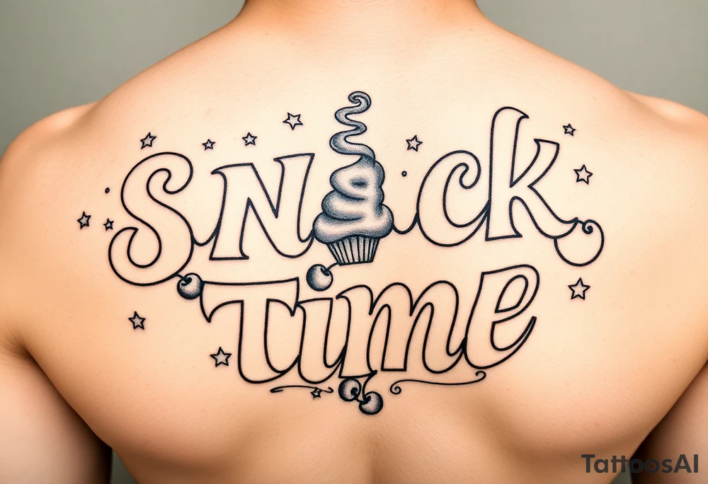 Pretty letters with lots of swooshes saying snack time with cupcakes, cherries and stars tattoo idea