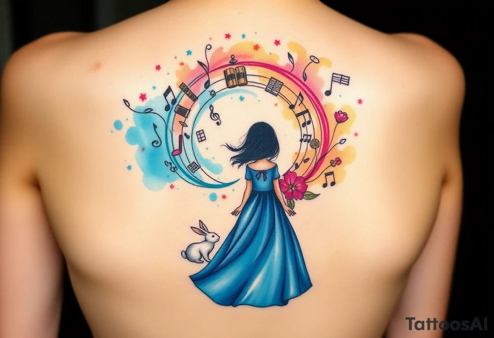 Back view of the silhouette of a girl in a blue dress. She is following a small white rabbit towards a colorful swirl with music notes, books, and flowers. A pocket watch is at the end of the swirl. tattoo idea