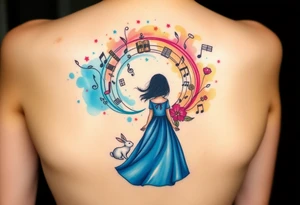 Back view of the silhouette of a girl in a blue dress. She is following a small white rabbit towards a colorful swirl with music notes, books, and flowers. A pocket watch is at the end of the swirl. tattoo idea