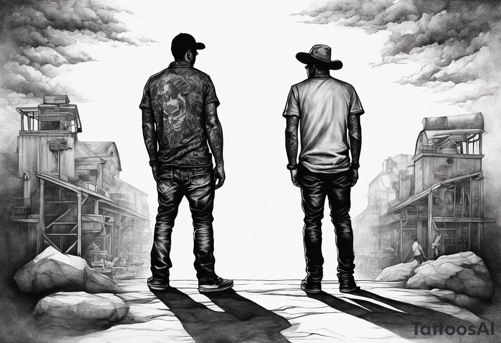 2 black shadows of people standing over 2 dead siloets tattoo idea