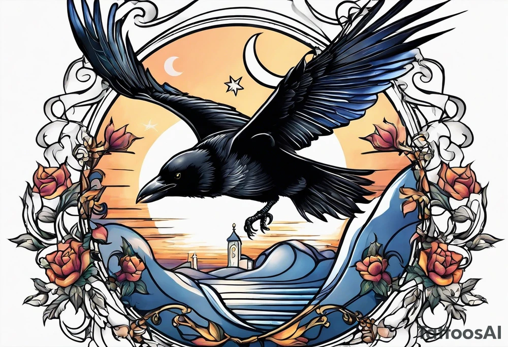Crow with a candle mid flight with the crescent moon in the background tattoo idea