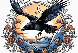 Crow with a candle mid flight with the crescent moon in the background tattoo idea