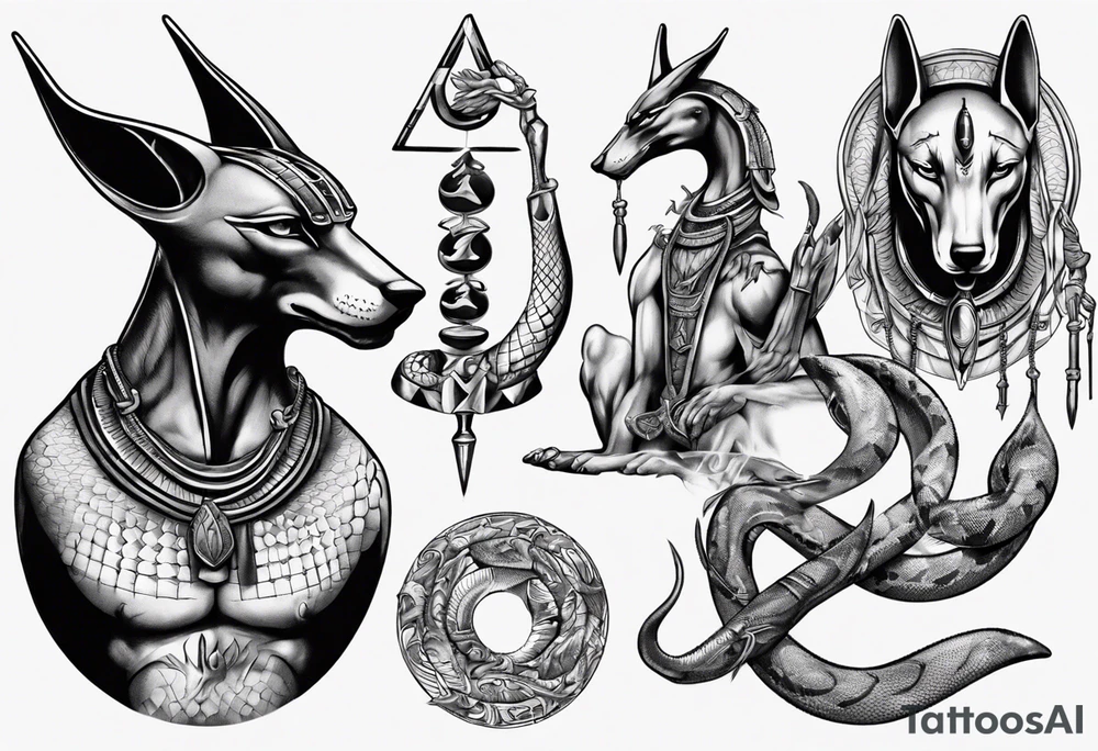 Anubis with scales and snakes tattoo idea