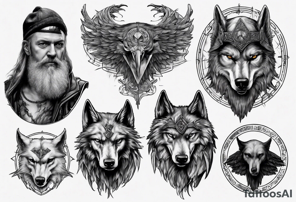 collage of Odin, his wolves, and his ravens tattoo idea
