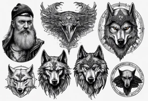collage of Odin, his wolves, and his ravens tattoo idea