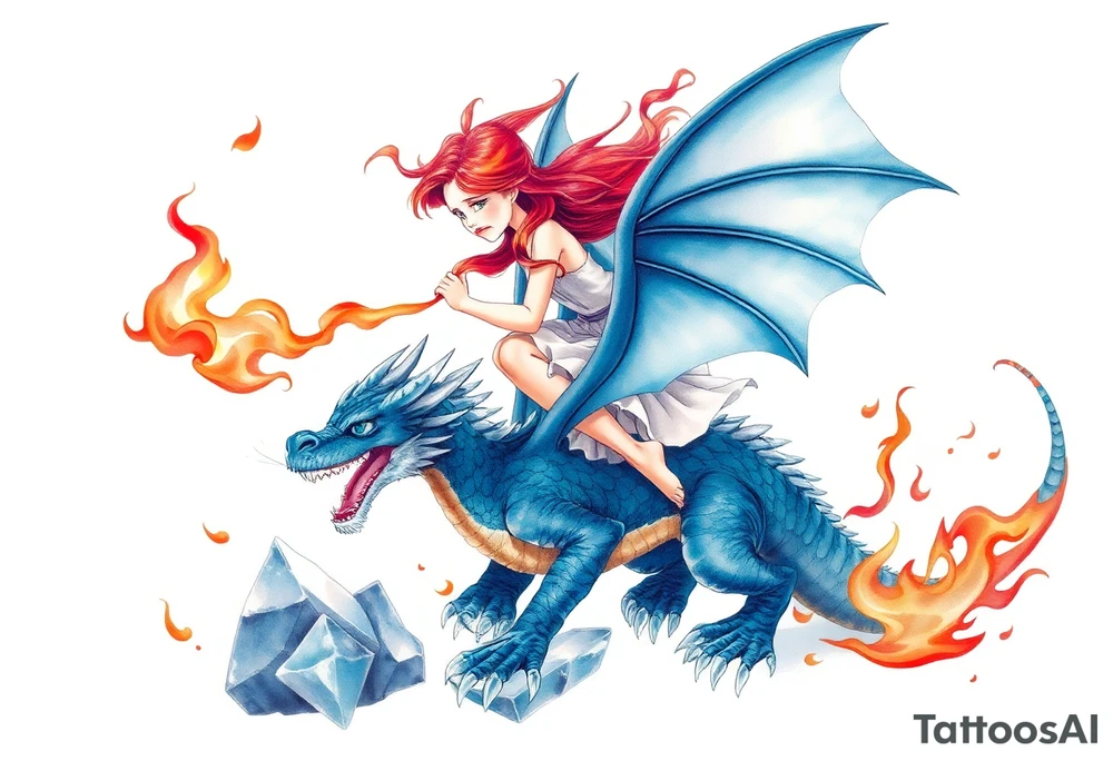 Scared redheaded girl on a blue dragon breathing fire with wings spread and flying over ice and flames tattoo idea