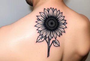 Sunflower with the letter p in the stem, black and white, small tattoo idea