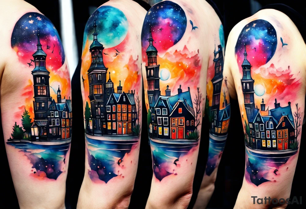 Watercolour arm tattoo of stag deer and birds in Amsterdam canal featuring Amsterdam houses in space and galaxies featuring pineapples and galaxy colours tattoo idea