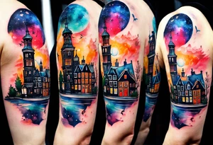 Watercolour arm tattoo of stag deer and birds in Amsterdam canal featuring Amsterdam houses in space and galaxies featuring pineapples and galaxy colours tattoo idea