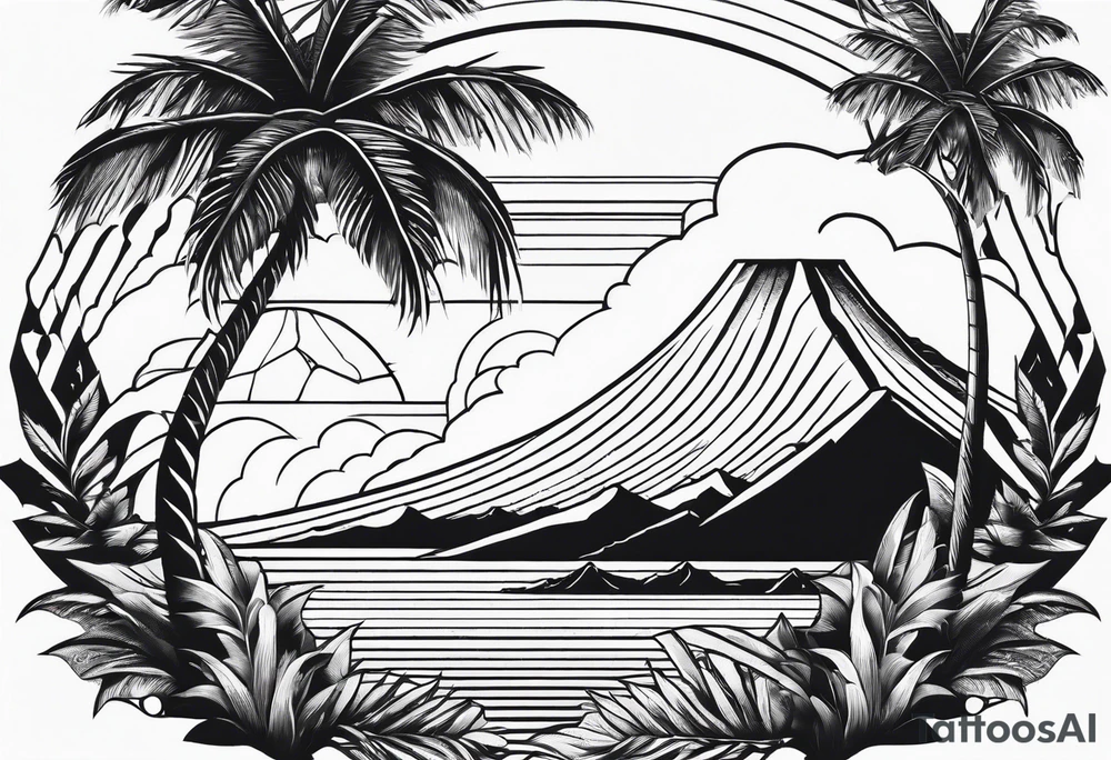 fineline tattoo of a palm tree and a wave with a volcano in the background tattoo idea