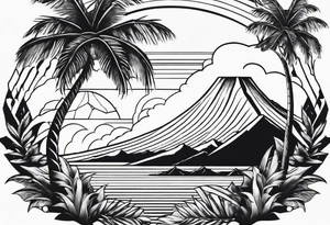fineline tattoo of a palm tree and a wave with a volcano in the background tattoo idea