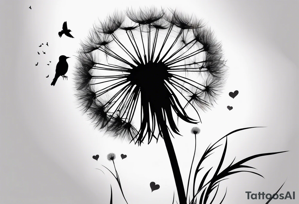 Dandelion with its ligules blowing away, a few legs are tiny hearts, the girls turn into a little bird, flying away to its future tattoo idea