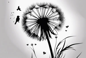 Dandelion with its ligules blowing away, a few legs are tiny hearts, the girls turn into a little bird, flying away to its future tattoo idea