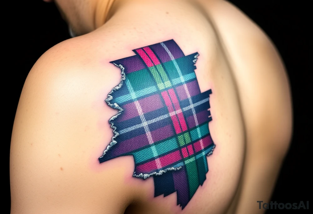 Side of arm Dark Purple with green pink blue and white highlights tartan fabric with skin peeling away at edges tattoo idea