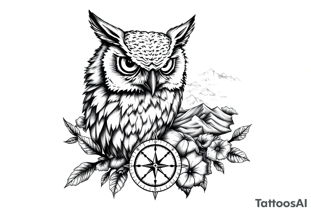 an owl,a compass,landscape. tattoo idea