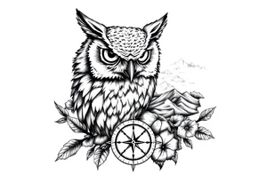 an owl,a compass,landscape. tattoo idea