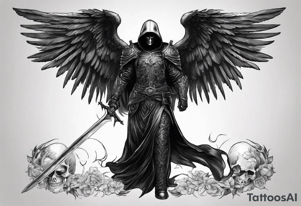 realistic full body of black angel of death, no face, face is not visible, with wings holding only one sword in both hands, the edge of the sword is killing the skull tattoo idea