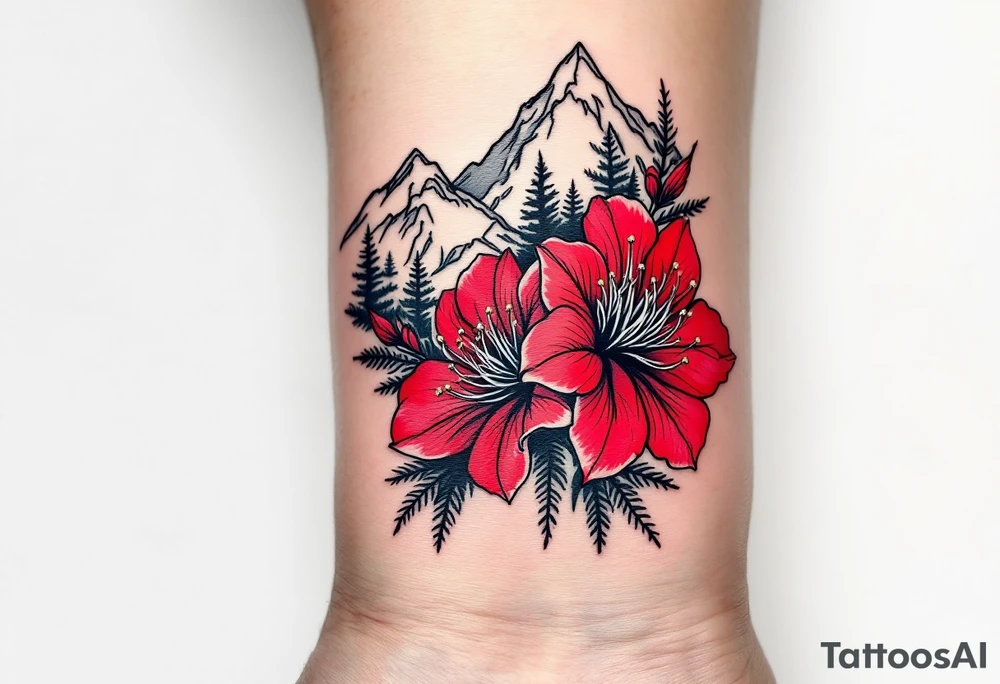 vertical wrist size red  and black rhododendron trippy with Himalayas behind tattoo idea