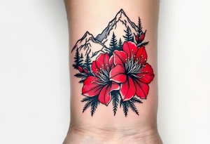 vertical wrist size red  and black rhododendron trippy with Himalayas behind tattoo idea