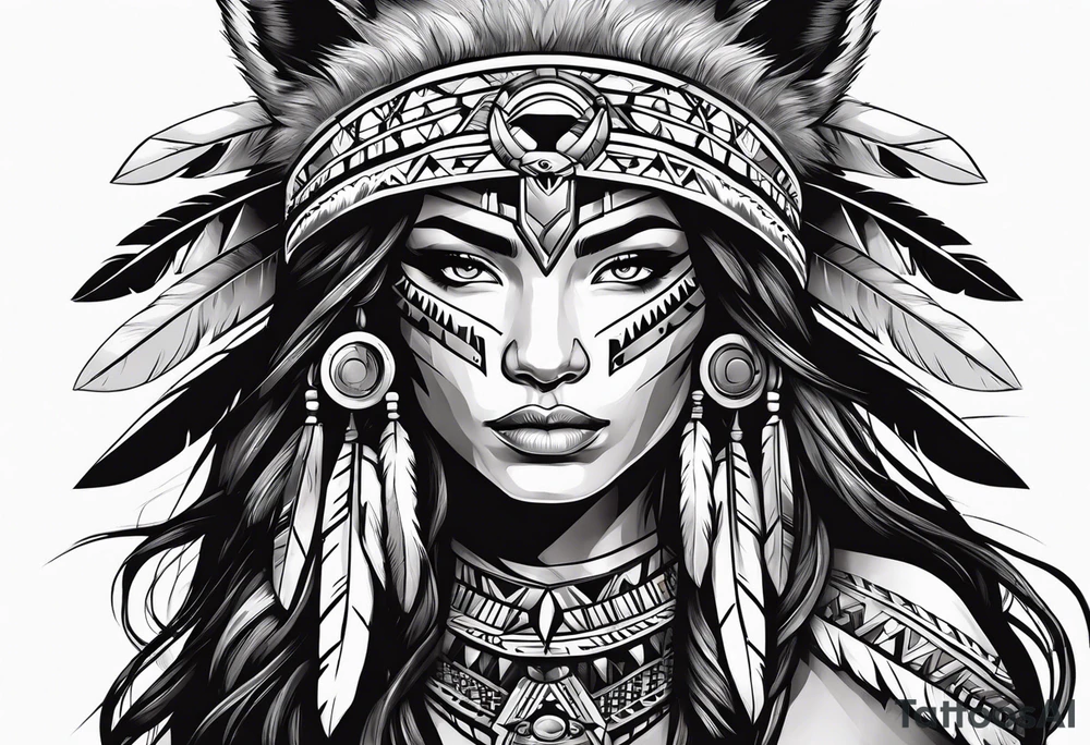 Female Native American warrior with wolf head hat tattoo idea Female Native American warrior with wolf head hat tattoo idea
