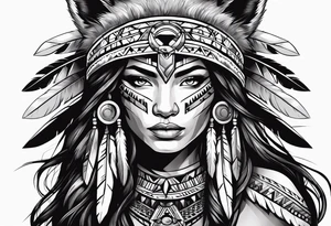 Female Native American warrior with wolf head hat tattoo idea