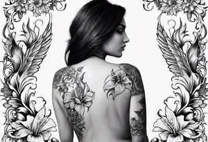 a back tatoo with a  fenix  with flames and that blooms with madonna lily's tattoo idea