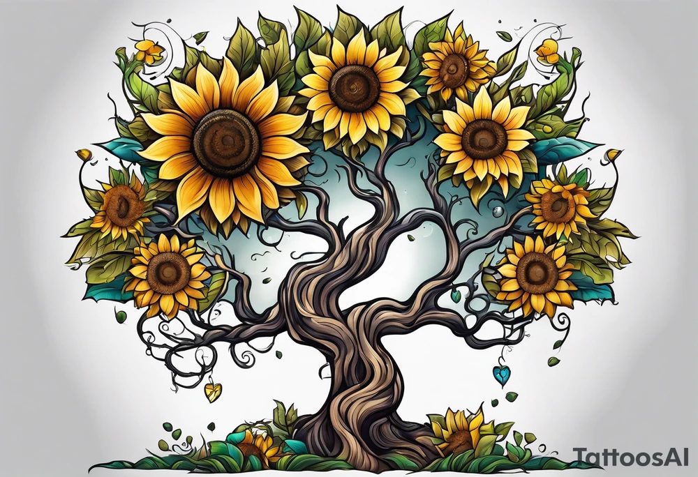 Yggdrasil tree, horse, sunflower tattoo idea