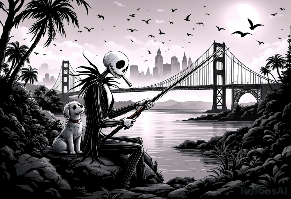 jack skellington with dog,smoking a blunt and fishing,surrounded by city buildings,golden gate bridge, birds, palm trees, tattoo idea