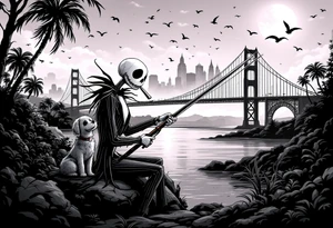 jack skellington with dog,smoking a blunt and fishing,surrounded by city buildings,golden gate bridge, birds, palm trees, tattoo idea